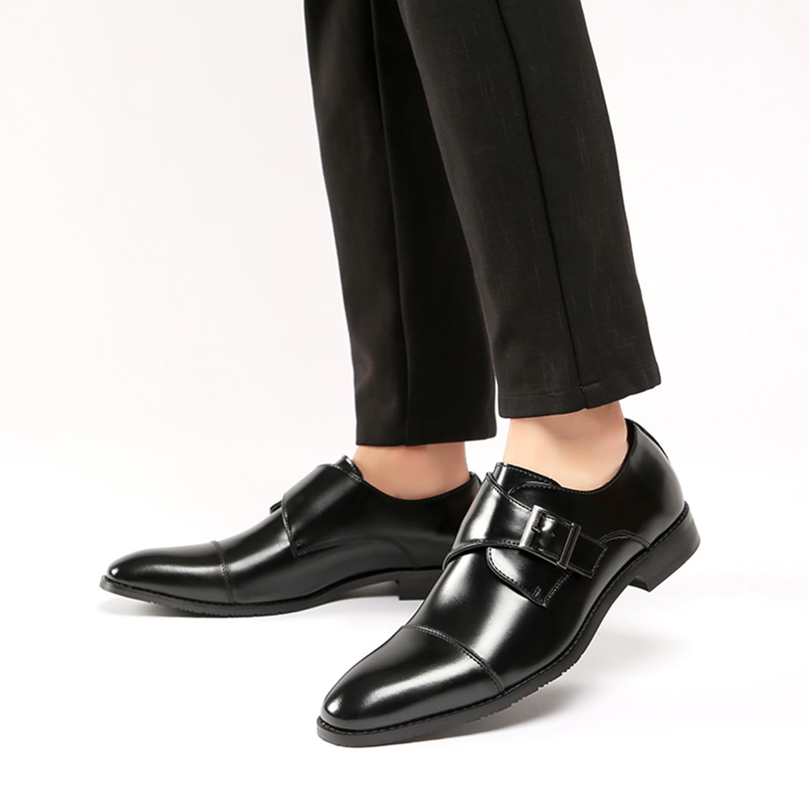 GLBDU Men's Genuine Leather Monk Strap Loafers Fashion Classic Cap Toe Low Top Slip On Dress Oxford Shoes Business Casual Office Wedding Formal Shoes