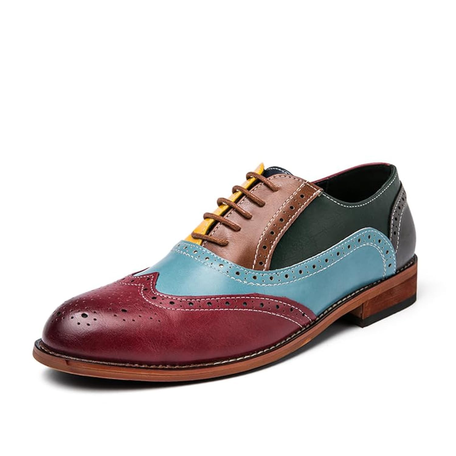 HuitJours Men Oxford Dress Shoes Multicolor Brogues Wing Tips Lace Up Patchwork Two Tone Color Matching Punched Round Toe