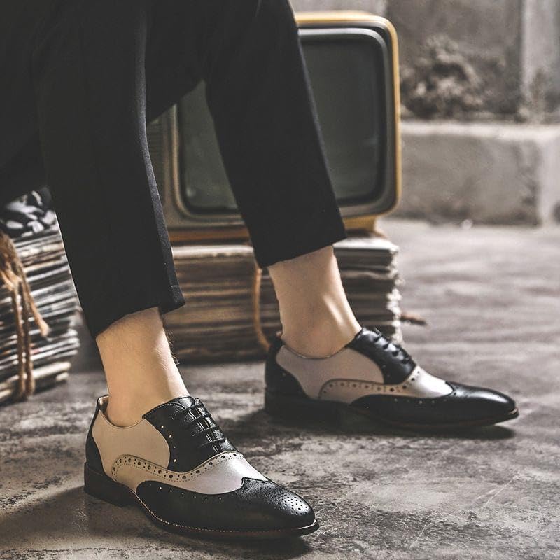 HuitJours Men Oxford Dress Shoes Multicolor Brogues Wing Tips Lace Up Patchwork Two Tone Color Matching Punched Round Toe
