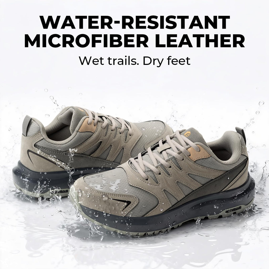 FitVille Men's Outdoor Hiking Shoes with High Traction Outsole, Water-Resistant & High Rebound Cushioning, Low-Top Trailing Shoes for Walking Trekking Camping Grey