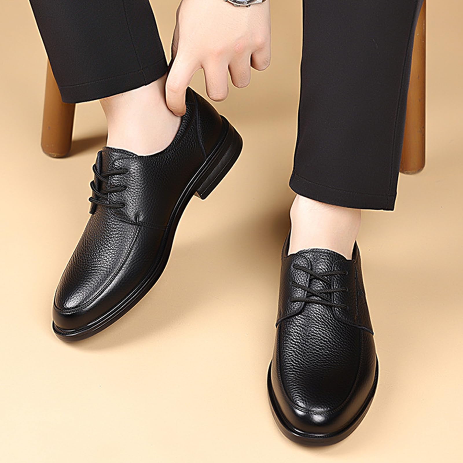 ENGEOSNGT Men's Genuine Leather Lace Up Dress Oxfords Fashion Classic Round Toe Low Top Derby Shoes Business Casual Office Wedding Formal Shoes