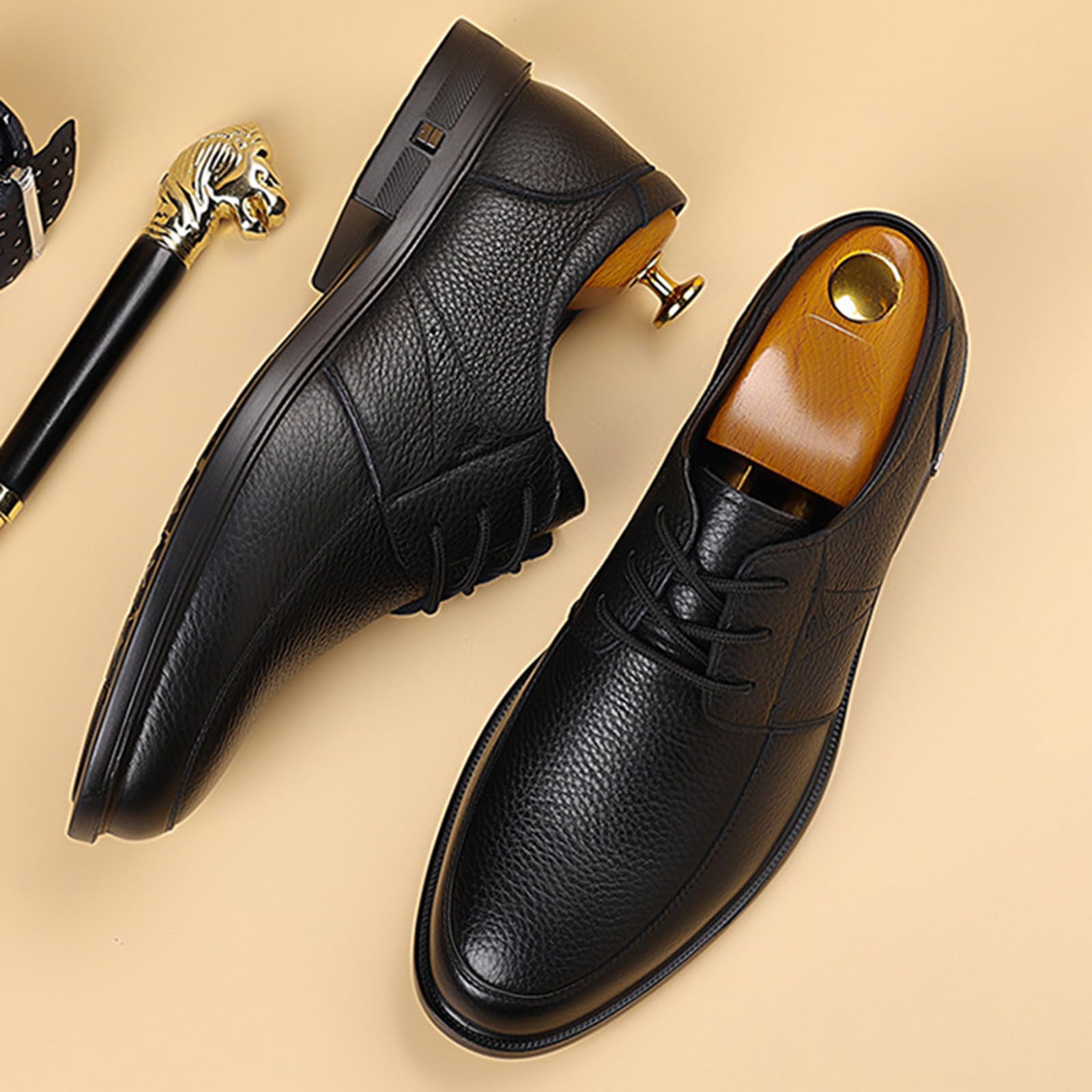 ENGEOSNGT Men's Genuine Leather Lace Up Dress Oxfords Fashion Classic Round Toe Low Top Derby Shoes Business Casual Office Wedding Formal Shoes